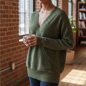 Olive + Oak Olive Green Cable Stripe Faux Wrap V-Neck Sweater Size Large